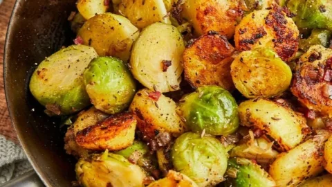 Rosenkohl-Kartoffel-Pfanne in einer Pfanne mit frischen Zutaten