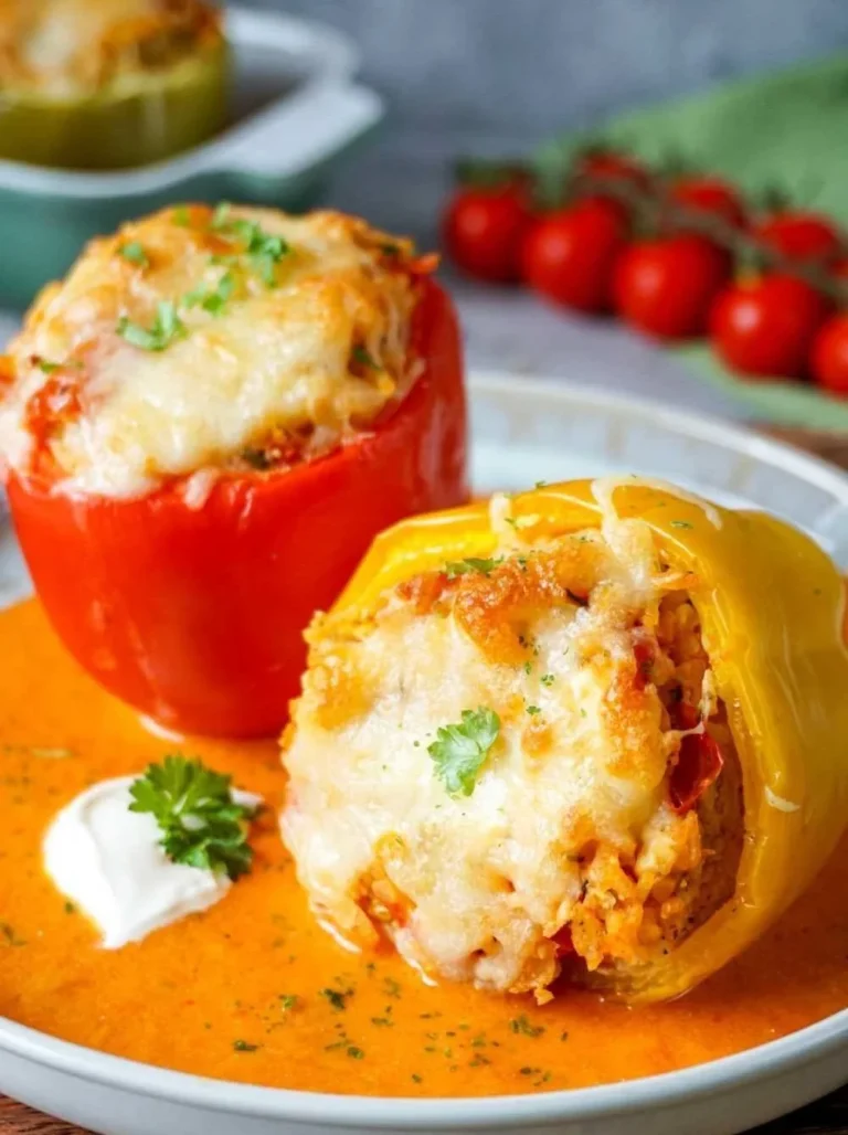 Vegetarische gefüllte Paprika mit Reis und Feta auf einem Teller