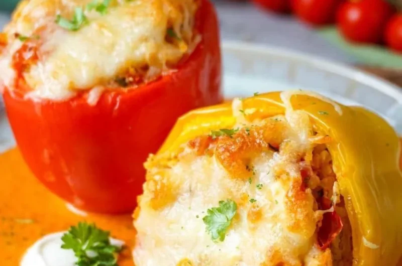 Vegetarische gefüllte Paprika mit Reis und Feta auf einem Teller