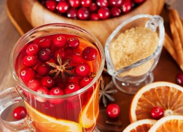 Heißer Cranberry-Tee in einer Tasse mit frischen Cranberries