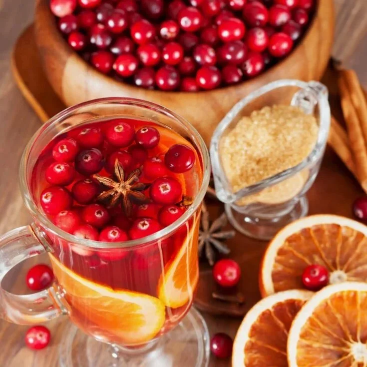 Heißer Cranberry-Tee in einer Tasse mit frischen Cranberries