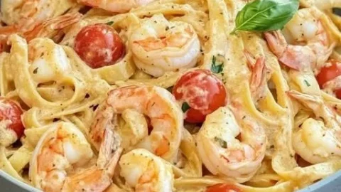 Garnelen Spaghetti in Knoblauch Frischkäsesauce serviert auf einem Teller