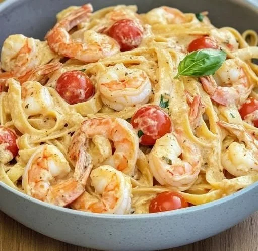 Garnelen Spaghetti in Knoblauch Frischkäsesauce serviert auf einem Teller
