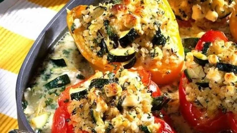 Gefüllte Paprika mit Bulgur, Zucchini und Schafskäse auf einem Teller