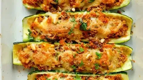 Gefüllte Zucchini mit Couscous und Feta auf einem Teller serviert