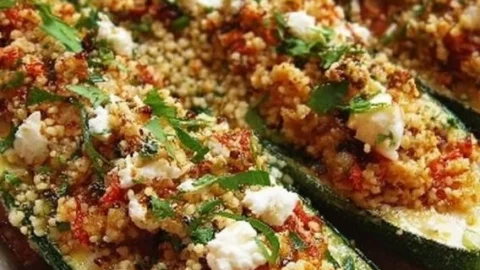 Gefüllte Zucchinis mit Couscous und Feta auf einem Teller serviert.