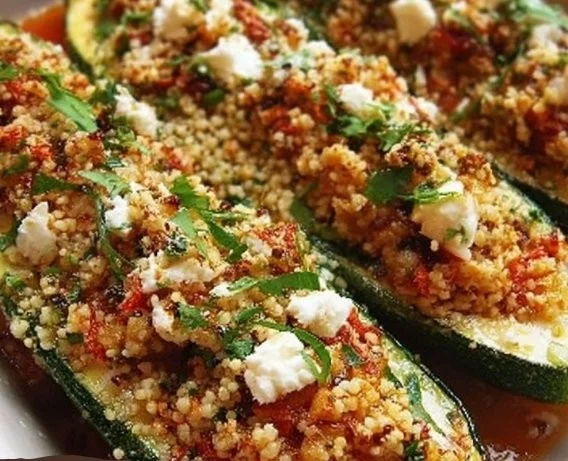 Gefüllte Zucchinis mit Couscous und Feta auf einem Teller serviert.
