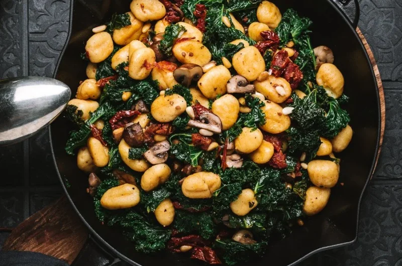 Gnocchi-Grünkohl-Pfanne mit Pilzen und getrockneten Tomaten auf einem Teller serviert.