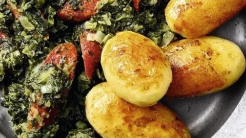 Norddeutscher Grünkohl mit Wildknackern und Bratkartoffeln auf einem Teller