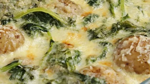 Leckeres Grünkohlauflauf mit Kartoffeln, serviert in einer Auflaufform.