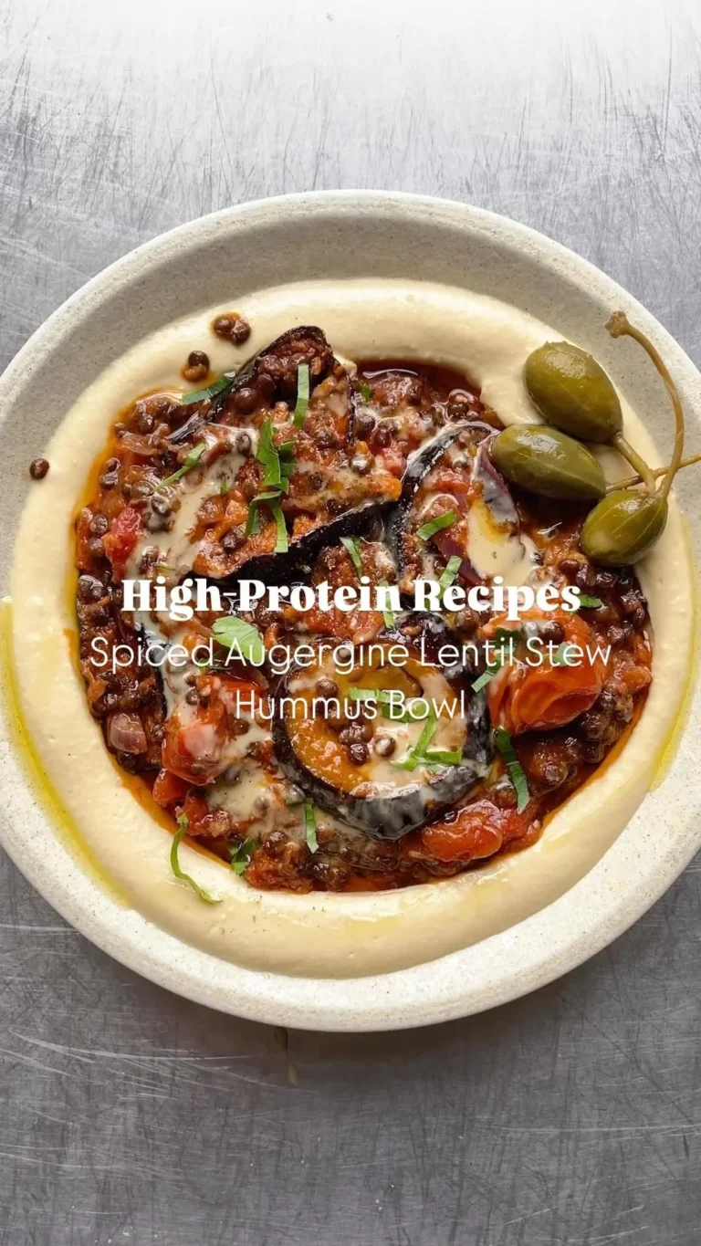 Hummus-Schüssel mit Hochprotein Aubergine-Linsen-Eintopf