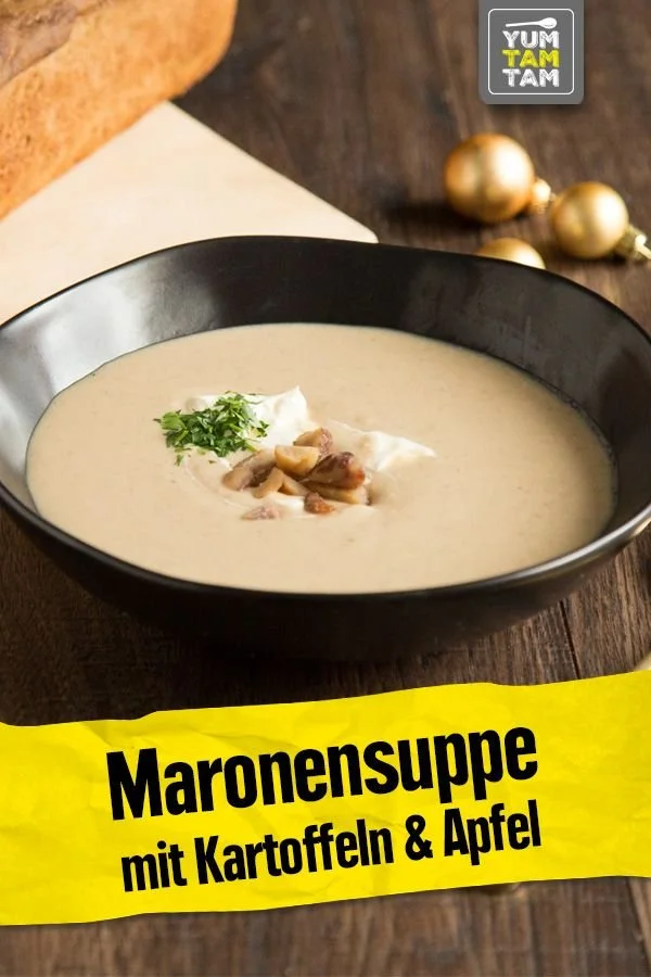 Schüssel mit Maronensuppe, Kartoffeln und Apfel – herzhafter Genuss im Herbst.
