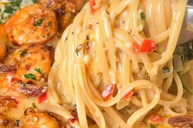 Ein leckeres One-Pot Shrimp Scampi Gericht mit Garnelen und Pasta.