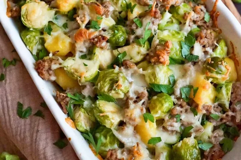 Rosenkohl Auflauf mit Kartoffeln und Hackfleisch serviert auf einem Teller